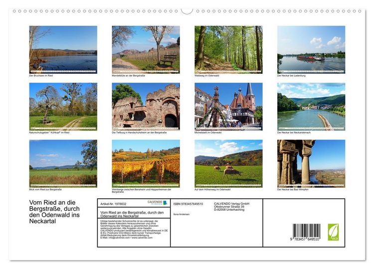 Produktbild: Vom Ried an die Bergstra&szlig;e, durch den Odenwald ins Neckartal (hochwertiger Premium Wandkalender 2026 DIN A2 quer), Kunstdruck in Hochglanz