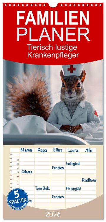 Produktbild: Familienplaner 2026 - Tierisch lustige Krankenpfleger mit 5 Spalten (Wandkalender, 21 x 45 cm) CALVENDO