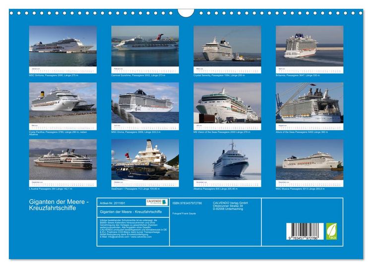 Produktbild: Giganten der Meere - Kreuzfahrtschiffe (Wandkalender 2026 DIN A3 quer), CALVENDO Monatskalender