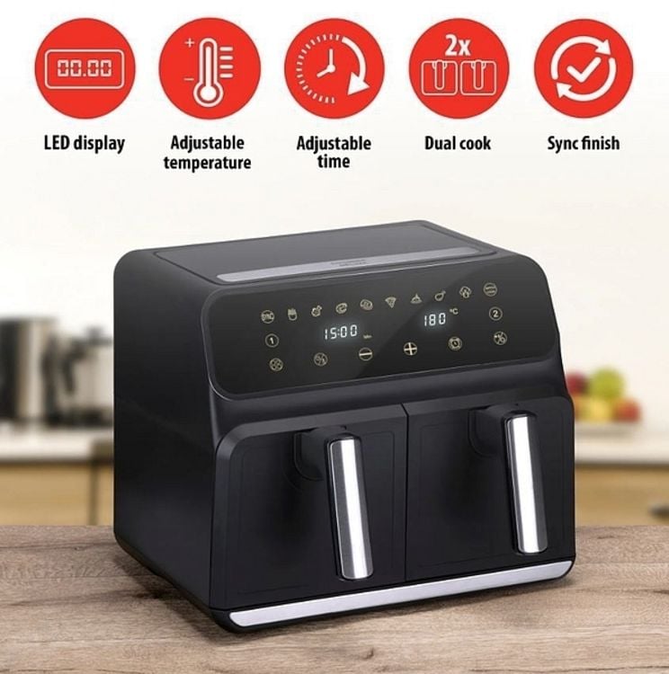 ALPINA Doppel-Heißluftfritteuse Airfryer, 1700 Watt, 8 Liter, Schwarz