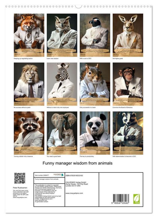 Produktbild: Funny manager wisdom from animals (High Quality Premium Wall Calendar 2026 DIN A2 portrait),CALVENDO 12 Month Wall Calendar