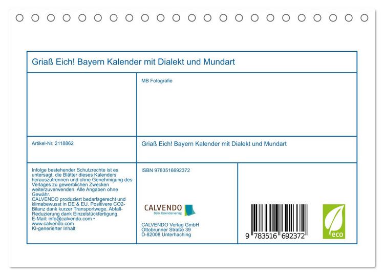 Produktbild: Gria&szlig; Eich! Bayern Kalender mit Dialekt und Mundart (Tischkalender 2026 DIN A5 quer), CALVENDO Monatskalender