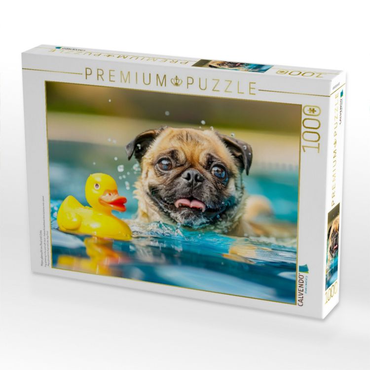 Produktbild: CALVENDO Puzzle Mops planscht im Pool mit Ente | 1000 Teile Lege-Gr&ouml;&szlig;e 64x48cm Foto-Puzzle f&uuml;r gl&uuml;ckliche Stunden