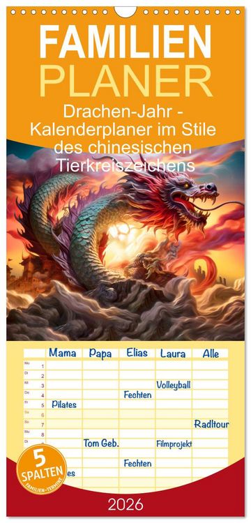 Produktbild: Familienplaner 2026 - Drachen-Jahr - Kalenderplaner im Stile des chinesischen Tierkreiszeichens mit 5 Spalten (Wandkalender, 21 x 45 cm) CALVENDO