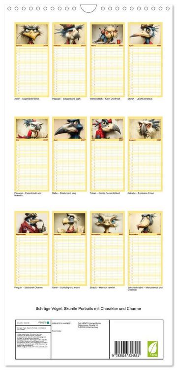 Produktbild: Familienplaner 2027 - Schr&auml;ge V&ouml;gel. Skurrile Portraits mit Charakter und Charme mit 5 Spalten (Wandkalender, 21 x 45 cm) CALVENDO