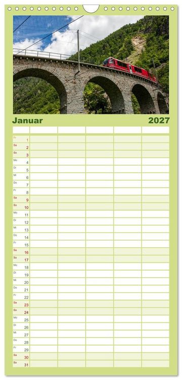 Produktbild: Familienplaner 2027 - Die Rh&auml;tische Bahn - Ein Kurztrip in die Schweiz mit 5 Spalten (Wandkalender, 21 x 45 cm) CALVENDO