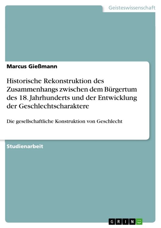 Produktbild: Historische Rekonstruktion des Zusammenhangs zwischen dem B&uuml;rgertum des 18. Jahrhunderts und der Entwicklung der Geschlechtscharaktere