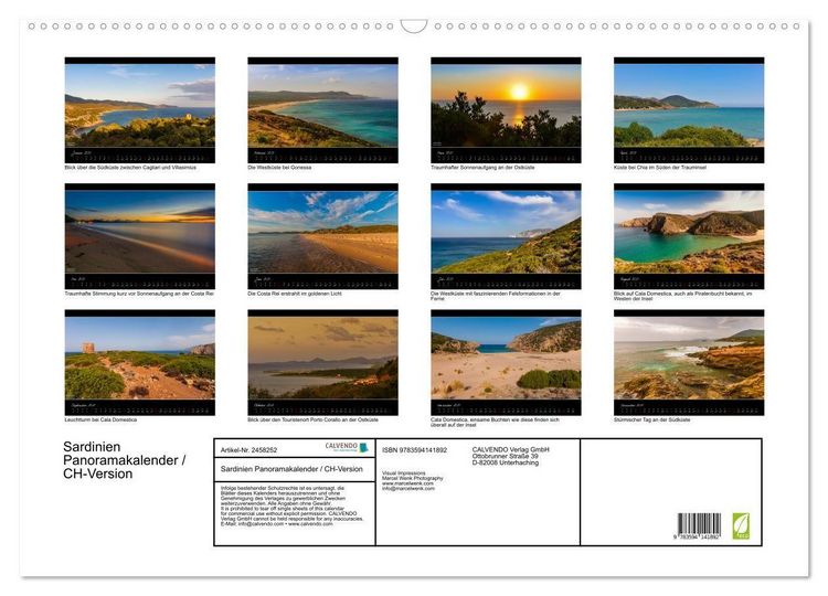 Produktbild: Sardinien Panoramakalender / CH-Version (Wandkalender 2027 DIN A2 quer), CALVENDO Monatskalender