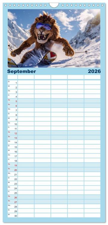 Produktbild: Familienplaner 2026 - Tierisch lustige Skifahrer mit 5 Spalten (Wandkalender, 21 x 45 cm) CALVENDO