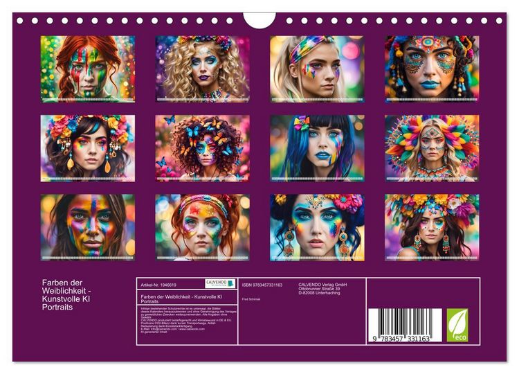 Produktbild: Farben der Weiblichkeit - Kunstvolle KI Portraits (Wandkalender 2026 DIN A4 quer), CALVENDO Monatskalender