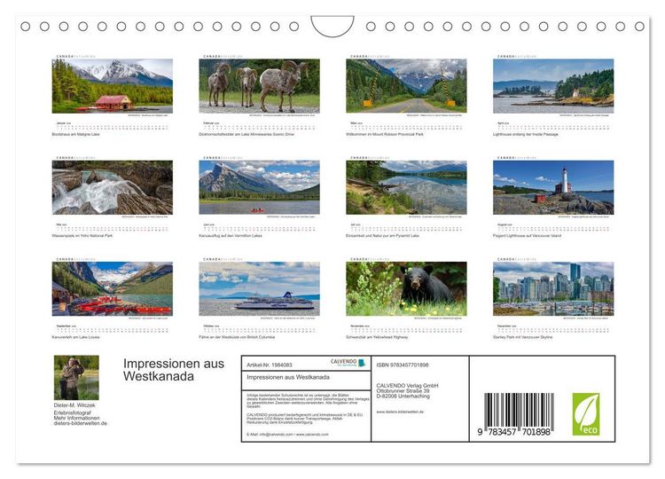Produktbild: Impressionen aus Westkanada (Wandkalender 2026 DIN A4 quer), CALVENDO Monatskalender
