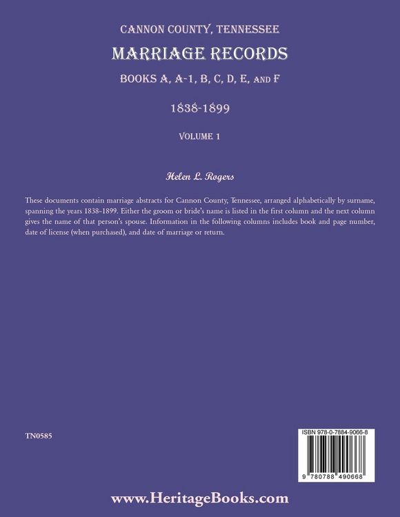 Produktbild: Cannon County, Tennessee Marriage Records, Books A, A-1, B, C, D, E, and F, 1838-1899, Volume 1