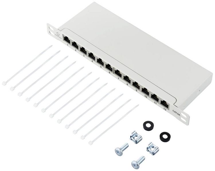 Produktbild: Renkforce RF-4996628 12 Port Patch-Panel 254mm (10") CAT 6a 0.5 HE Grau Best&uuml;ckt