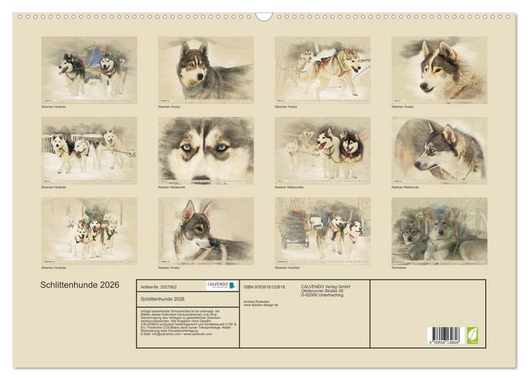 Produktbild: Schlittenhunde 2026 (Wandkalender 2026 DIN A2 quer), CALVENDO Monatskalender