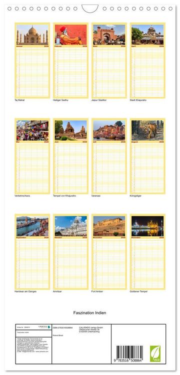 Produktbild: Familienplaner 2026 - Faszination Indien mit 5 Spalten (Wandkalender, 21 x 45 cm) CALVENDO