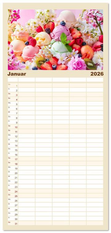Produktbild: Familienplaner 2026 - Eiscreme-Tr&auml;ume - S&uuml;&szlig;e Verlockung und florale Sch&ouml;nheiten mit 5 Spalten (Wandkalender, 21 x 45 cm) CALVENDO