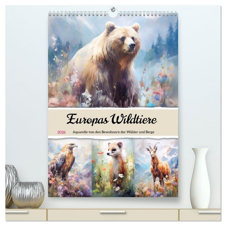 Produktbild: Europas Wildtiere. Aquarelle von den Bewohnern der W&auml;lder und Berge (hochwertiger Premium Wandkalender 2026 DIN A2 hoch), Kunstdruck in Hochglanz
