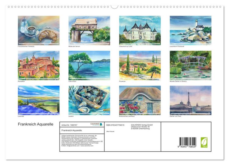 Produktbild: Frankreich Aquarelle (hochwertiger Premium Wandkalender 2026 DIN A2 quer), Kunstdruck in Hochglanz