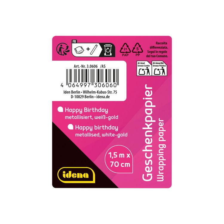 Produktbild: Idena Geschenkpapier Happy Birthday wei&szlig; gold metallisiert 70cmx150cm