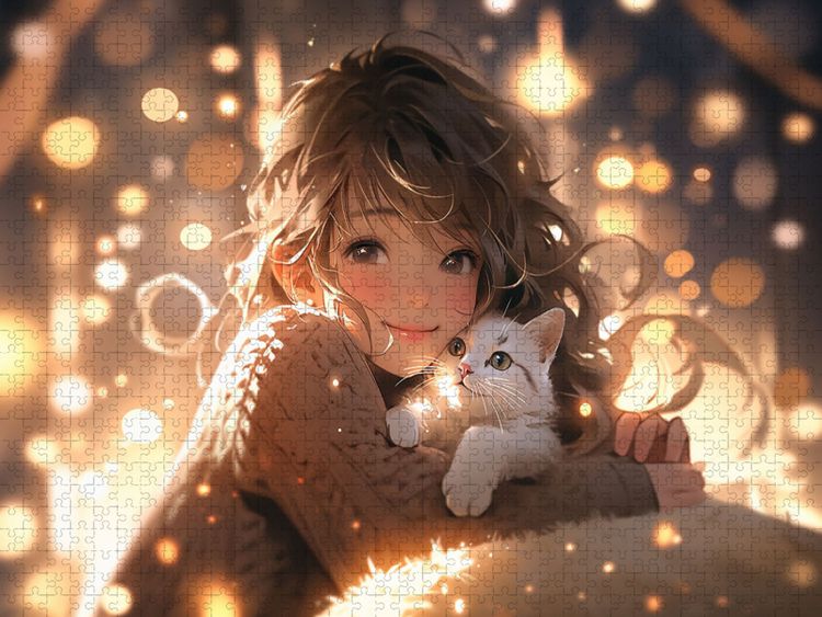 Produktbild: CALVENDO Puzzle Manga Illustration - M&auml;dchen kuschelt mit Katze | 1000 Teile Lege-Gr&ouml;&szlig;e 64x48cm Foto-Puzzle f&uuml;r gl&uuml;ckliche Stunden