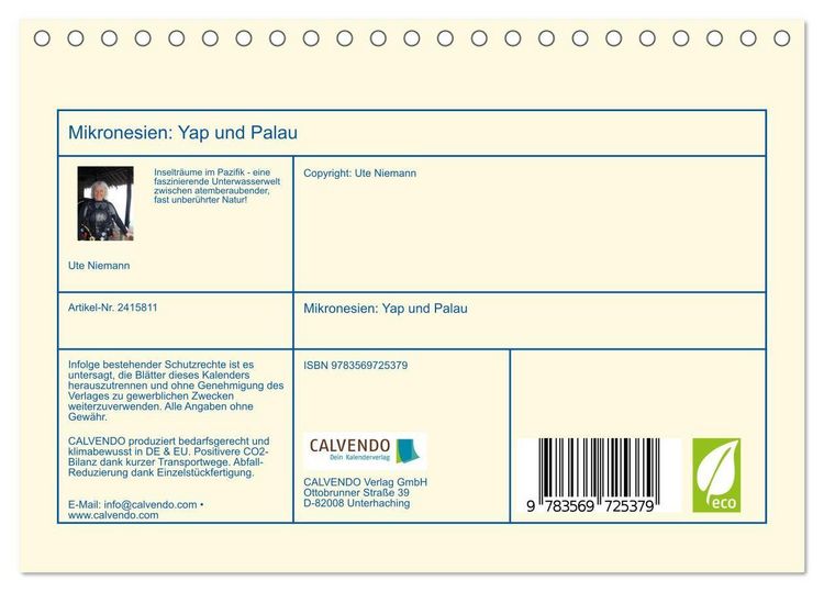 Produktbild: Mikronesien: Yap und Palau (Tischkalender 2027 DIN A5 quer), CALVENDO Monatskalender