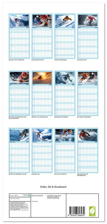 Produktbild: Familienplaner 2026 - Kufen, Ski & Snowboard mit 5 Spalten (Wandkalender, 21 x 45 cm) CALVENDO