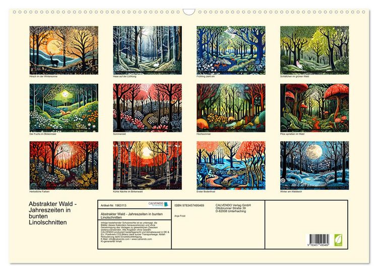 Produktbild: Abstrakter Wald - Jahreszeiten in bunten Linolschnitten (Wandkalender 2026 DIN A2 quer), CALVENDO Monatskalender