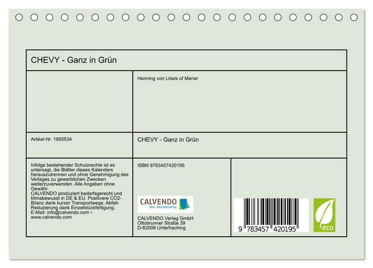 Produktbild: CHEVY - Ganz in Gr&uuml;n (Tischkalender 2026 DIN A5 quer), CALVENDO Monatskalender