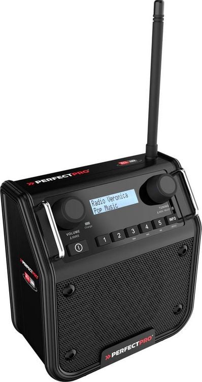 Produktbild: PerfectPro DPR2-18V Baustellenradio DAB+, UKW AUX, Bluetooth&reg;, DAB+, UKW spritzwassergesch&uuml;tzt, staubdicht, sto&szlig;fest Schwarz