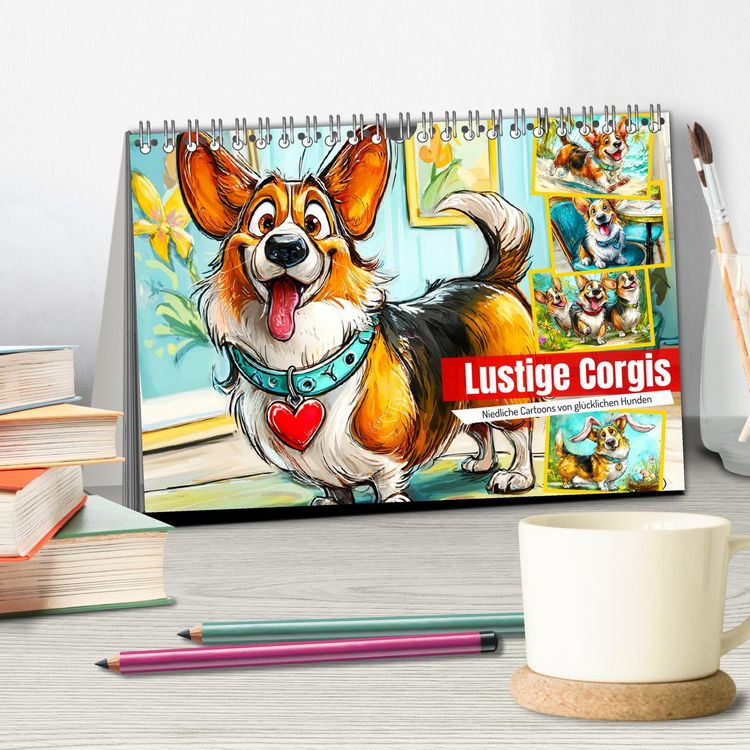 Produktbild: Lustige Corgis. Niedliche Cartoons von gl&uuml;cklichen Hunden (Tischkalender 2026 DIN A5 quer), CALVENDO Monatskalender