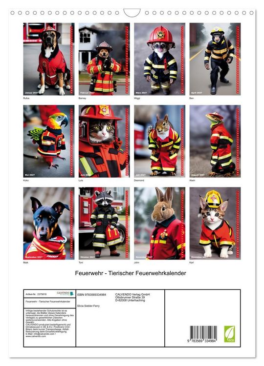 Produktbild: Feuerwehr - Tierischer Feuerwehrkalender (Wandkalender 2027 DIN A3 hoch), CALVENDO Monatskalender