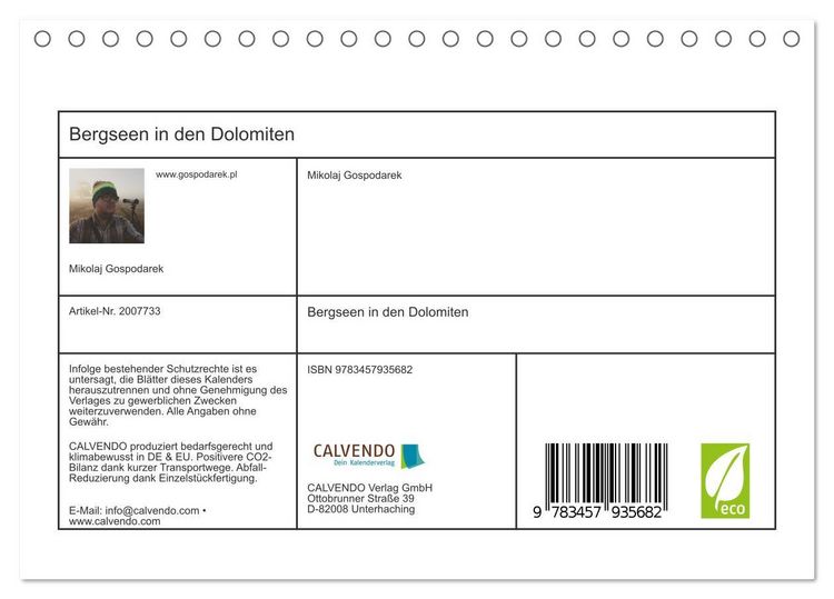 Produktbild: Bergseen in den Dolomiten (Tischkalender 2026 DIN A5 quer), CALVENDO Monatskalender
