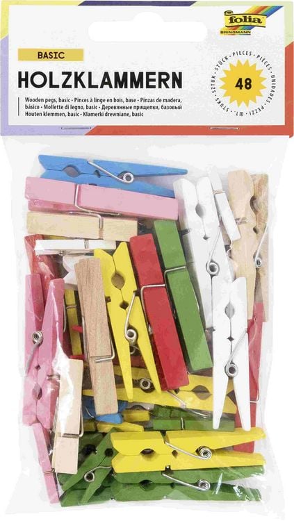 Produktbild: Folia  Holzklammern BASIC in 3 Gr&ouml;&szlig;en sortiert, 48 St&uuml;ck, farbig sortiert