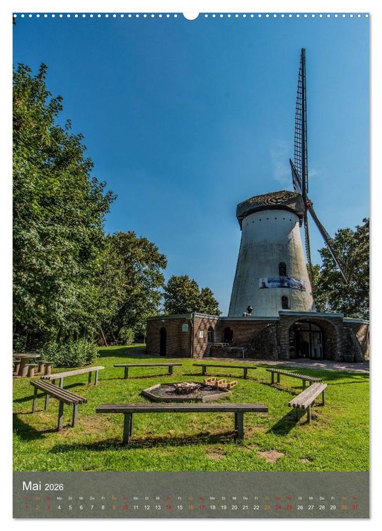 Produktbild: Windm&uuml;hlen mit Fl&uuml;gel am Niederrhein (hochwertiger Premium Wandkalender 2026 DIN A2 hoch), Kunstdruck in Hochglanz
