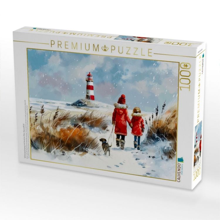 Produktbild: CALVENDO Puzzle Winterspaziergang mit Hund am Meer Aquarellbild | 1000 Teile Lege-Gr&ouml;&szlig;e 64x48cm Foto-Puzzle f&uuml;r gl&uuml;ckliche Stunden