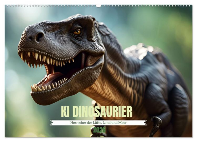 Produktbild: KI Dinosaurier - Herrscher der L&uuml;fte, Land und Meer (Wandkalender 2026 DIN A2 quer), CALVENDO Monatskalender