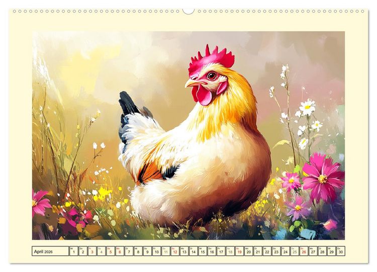 Produktbild: Im Glanz der Federn. Sch&ouml;ne H&uuml;hner in malerischer Harmonie (hochwertiger Premium Wandkalender 2026 DIN A2 quer), Kunstdruck in Hochglanz