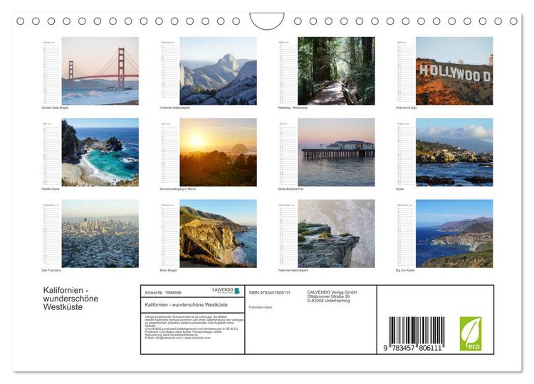 Produktbild: Kalifornien - wundersch&ouml;ne Westk&uuml;ste (Wandkalender 2026 DIN A4 quer), CALVENDO Monatskalender