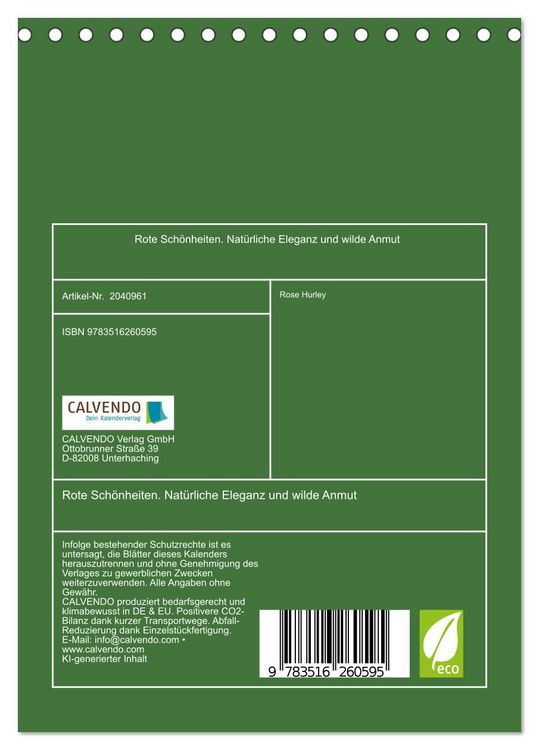 Produktbild: Rote Sch&ouml;nheiten. Nat&uuml;rliche Eleganz und wilde Anmut (Tischkalender 2026 DIN A5 hoch), CALVENDO Monatskalender