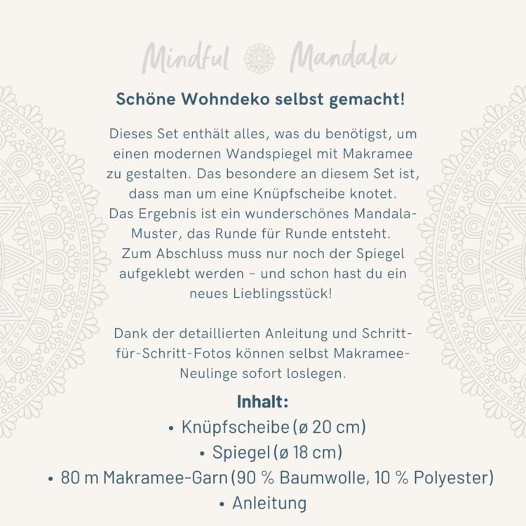 Produktbild: Mindful Mandala - Makramee-Kn&uuml;pf-Set: Wandspiegel. Mit Anleitung und Material zum Selberkn&uuml;pfen