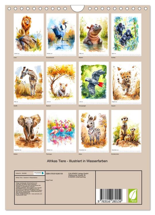 Produktbild: Afrikas Tiere - Illustriert in Wasserfarben (Wandkalender 2026 DIN A4 hoch), CALVENDO Monatskalender