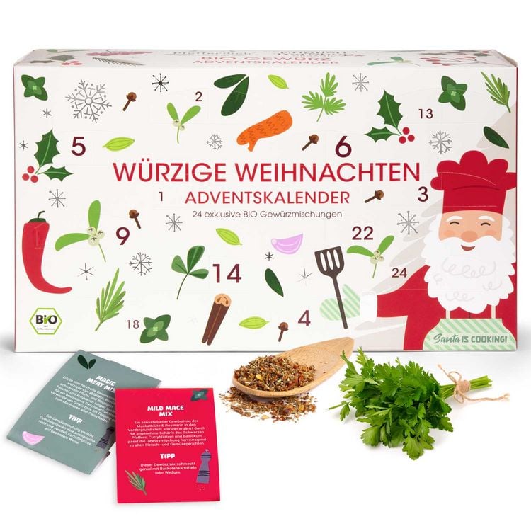 Produktbild: W&uuml;rzige Weihnachten BIO Gew&uuml;rz Adventskalender mit Gew&uuml;rzen und Rezeptideen
