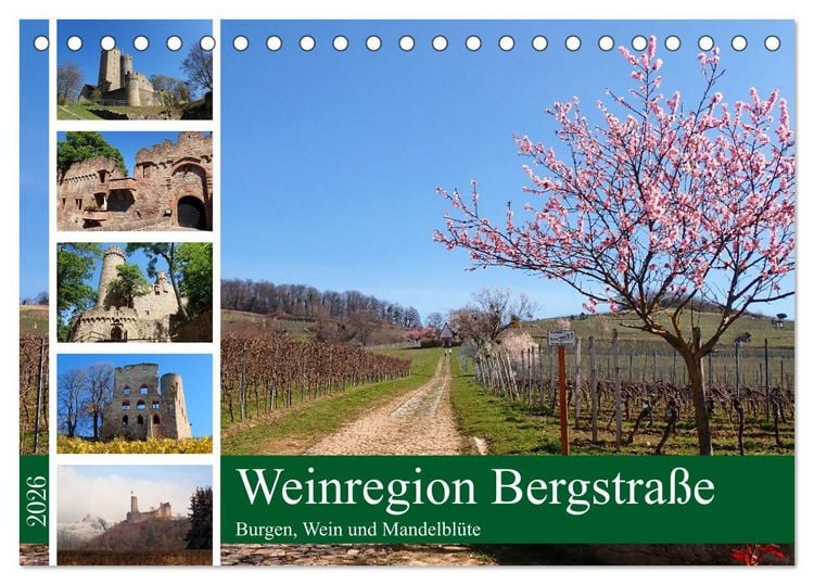 Produktbild: Weinregion Bergstra&szlig;e Burgen, Wein und Mandelbl&uuml;te (Tischkalender 2026 DIN A5 quer), CALVENDO Monatskalender