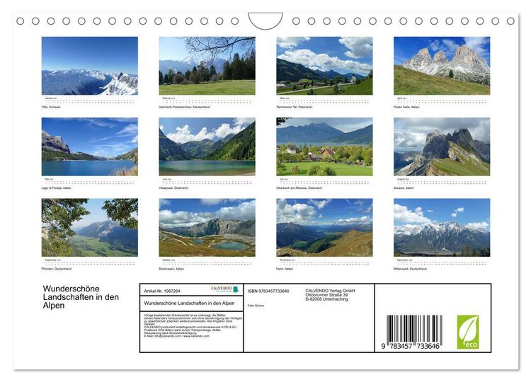 Produktbild: Wundersch&ouml;ne Landschaften in den Alpen (Wandkalender 2026 DIN A4 quer), CALVENDO Monatskalender