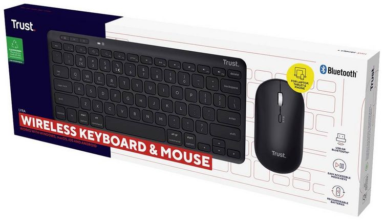 Produktbild: Trust Lyra WL Bluetooth&reg;, Funk Tastatur, Maus-Set Wiederaufladbar, Ger&auml;uscharme Tasten, Spritzwassergesch&uuml;tzt, Multimediatasten