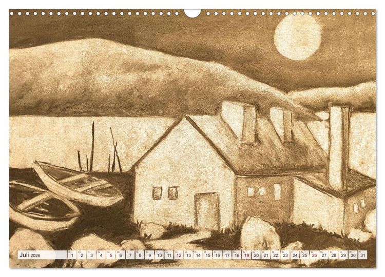 Produktbild: Pausen f&uuml;r deine Seele - Seelenlandschaften in Sepia - Ein Jahr der Ruhe mit Kohlezeichnungen (Wandkalender 2026 DIN A3 quer), CALVENDO Monatskalender