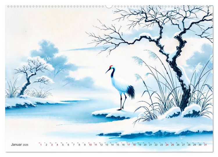 Produktbild: Federleicht - Vogelwelt im Stile asiatischer Tuschmalerei (hochwertiger Premium Wandkalender 2026 DIN A2 quer), Kunstdruck in Hochglanz