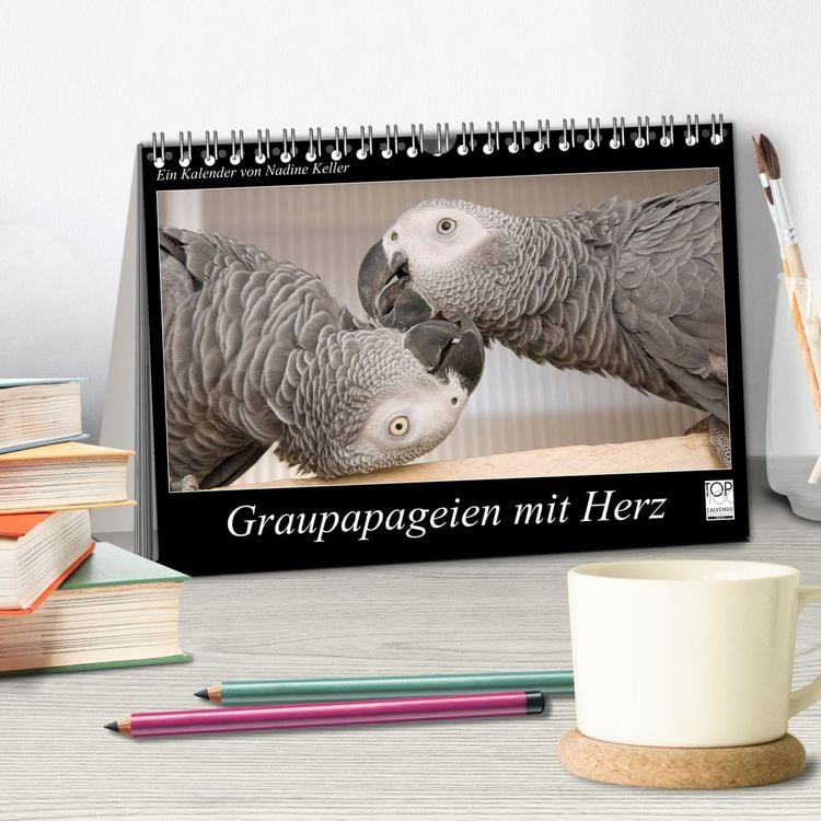 Produktbild: Graupapageien mit Herz (Tischkalender 2026 DIN A5 quer), CALVENDO Monatskalender