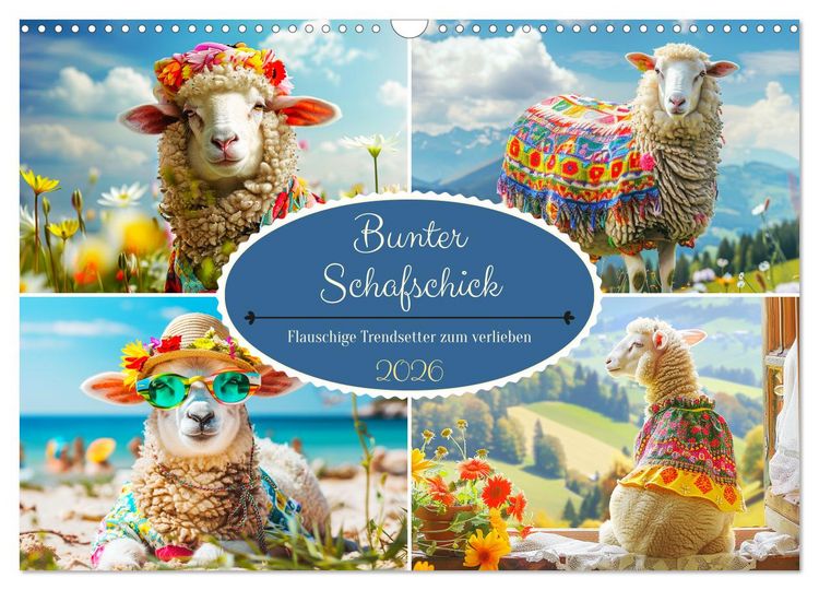 Produktbild: Bunter Schafschick. Flauschige Trendsetter zum verlieben (Wandkalender 2026 DIN A3 quer), CALVENDO Monatskalender