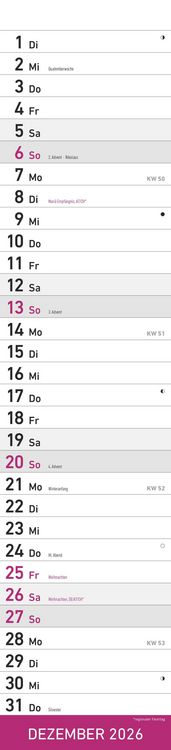 Produktbild: Streifenplaner PINK 2026 - Streifenkalender - Wandplaner - Küchen-Kalender - 11,3x49,5